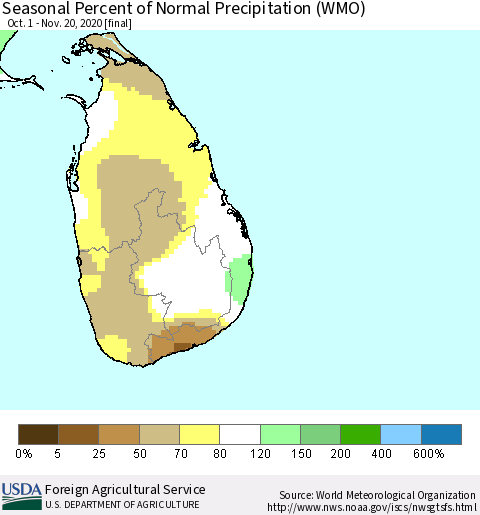 Sri Lanka Seasonal Percent of Normal Precipitation (WMO) Thematic Map For 10/1/2020 - 11/20/2020