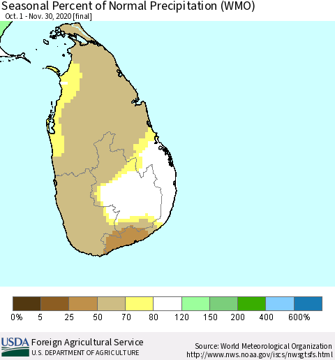 Sri Lanka Seasonal Percent of Normal Precipitation (WMO) Thematic Map For 10/1/2020 - 11/30/2020