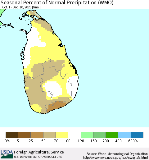 Sri Lanka Seasonal Percent of Normal Precipitation (WMO) Thematic Map For 10/1/2020 - 12/10/2020
