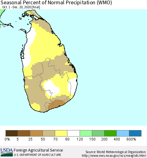 Sri Lanka Seasonal Percent of Normal Precipitation (WMO) Thematic Map For 10/1/2020 - 12/20/2020