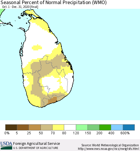 Sri Lanka Seasonal Percent of Normal Precipitation (WMO) Thematic Map For 10/1/2020 - 12/31/2020