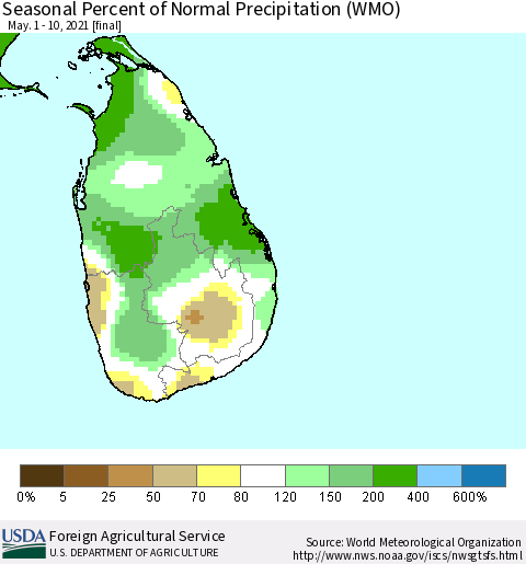 Sri Lanka Seasonal Percent of Normal Precipitation (WMO) Thematic Map For 5/1/2021 - 5/10/2021