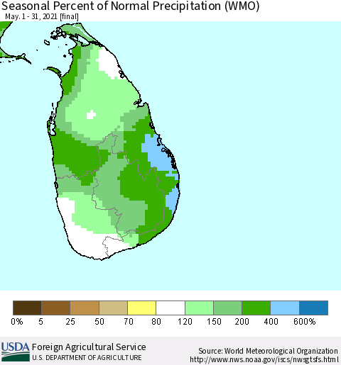 Sri Lanka Seasonal Percent of Normal Precipitation (WMO) Thematic Map For 5/1/2021 - 5/31/2021