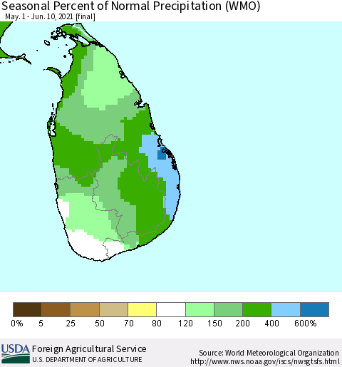 Sri Lanka Seasonal Percent of Normal Precipitation (WMO) Thematic Map For 5/1/2021 - 6/10/2021
