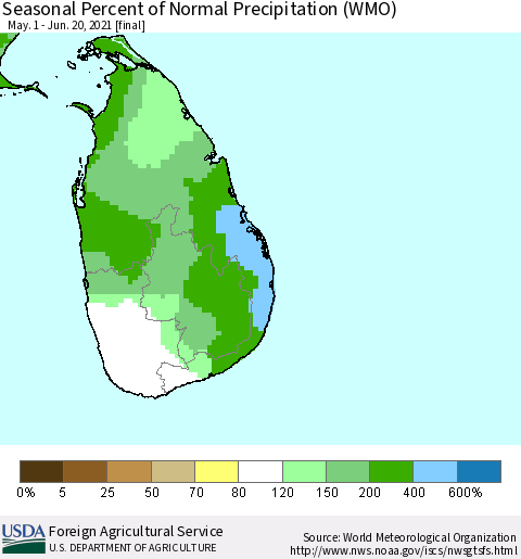 Sri Lanka Seasonal Percent of Normal Precipitation (WMO) Thematic Map For 5/1/2021 - 6/20/2021