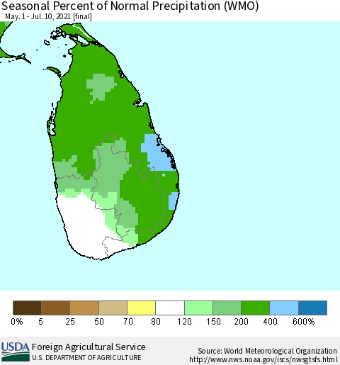 Sri Lanka Seasonal Percent of Normal Precipitation (WMO) Thematic Map For 5/1/2021 - 7/10/2021