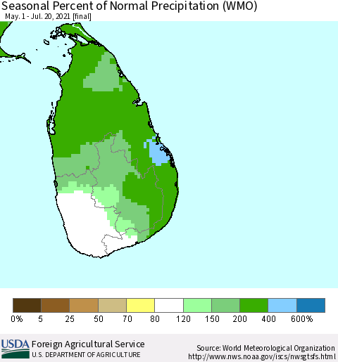 Sri Lanka Seasonal Percent of Normal Precipitation (WMO) Thematic Map For 5/1/2021 - 7/20/2021