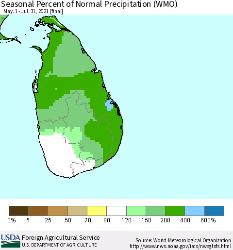 Sri Lanka Seasonal Percent of Normal Precipitation (WMO) Thematic Map For 5/1/2021 - 7/31/2021