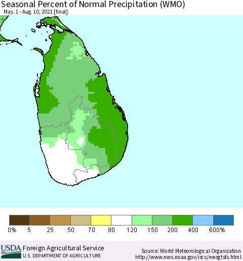 Sri Lanka Seasonal Percent of Normal Precipitation (WMO) Thematic Map For 5/1/2021 - 8/10/2021