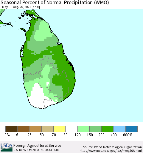 Sri Lanka Seasonal Percent of Normal Precipitation (WMO) Thematic Map For 5/1/2021 - 8/20/2021