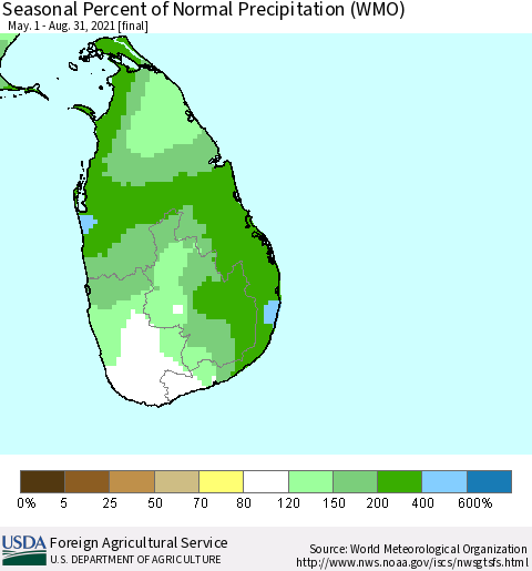 Sri Lanka Seasonal Percent of Normal Precipitation (WMO) Thematic Map For 5/1/2021 - 8/31/2021