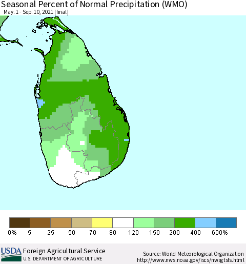 Sri Lanka Seasonal Percent of Normal Precipitation (WMO) Thematic Map For 5/1/2021 - 9/10/2021