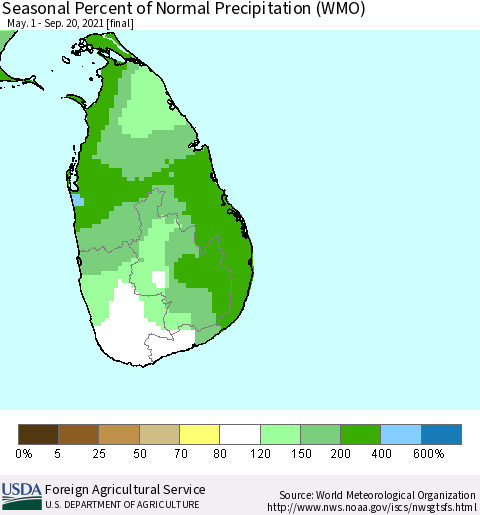 Sri Lanka Seasonal Percent of Normal Precipitation (WMO) Thematic Map For 5/1/2021 - 9/20/2021