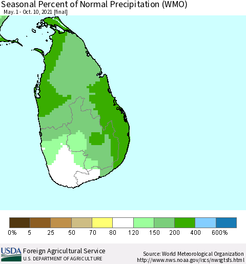 Sri Lanka Seasonal Percent of Normal Precipitation (WMO) Thematic Map For 5/1/2021 - 10/10/2021