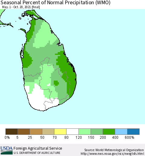 Sri Lanka Seasonal Percent of Normal Precipitation (WMO) Thematic Map For 5/1/2021 - 10/20/2021