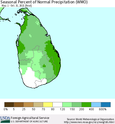 Sri Lanka Seasonal Percent of Normal Precipitation (WMO) Thematic Map For 5/1/2021 - 10/31/2021