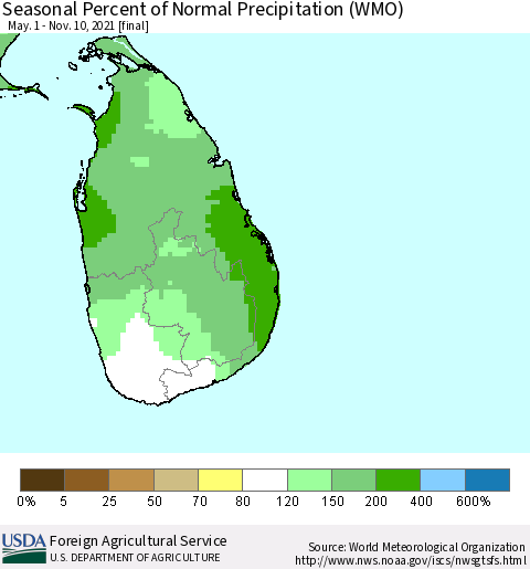 Sri Lanka Seasonal Percent of Normal Precipitation (WMO) Thematic Map For 5/1/2021 - 11/10/2021