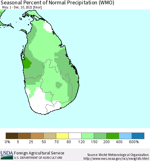Sri Lanka Seasonal Percent of Normal Precipitation (WMO) Thematic Map For 5/1/2021 - 12/10/2021