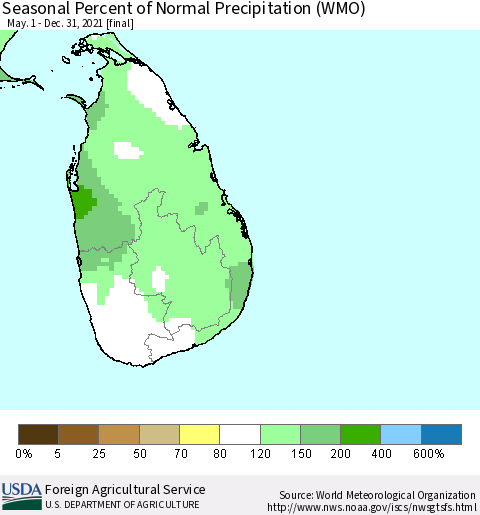 Sri Lanka Seasonal Percent of Normal Precipitation (WMO) Thematic Map For 5/1/2021 - 12/31/2021