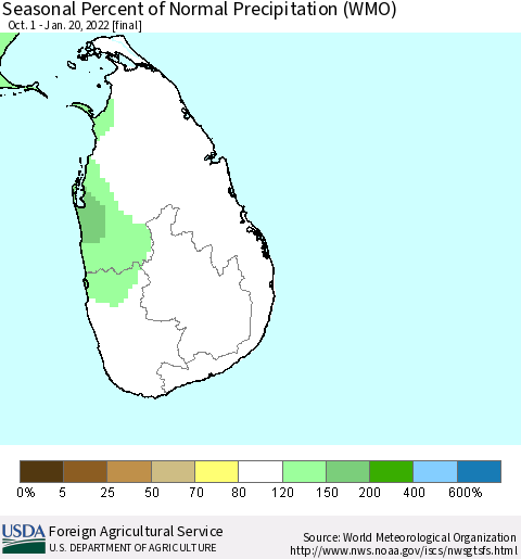 Sri Lanka Seasonal Percent of Normal Precipitation (WMO) Thematic Map For 10/1/2021 - 1/20/2022
