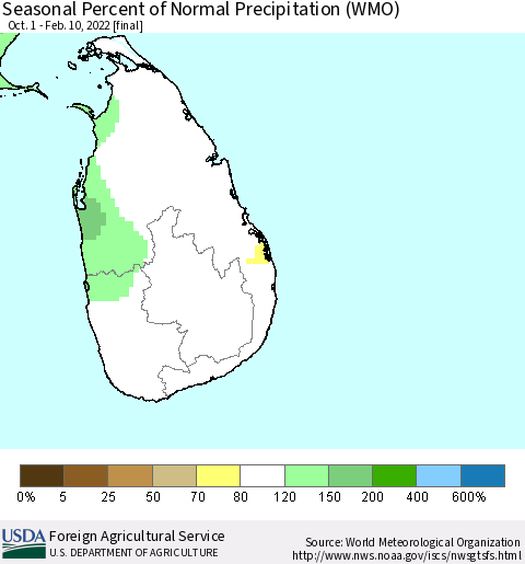 Sri Lanka Seasonal Percent of Normal Precipitation (WMO) Thematic Map For 10/1/2021 - 2/10/2022