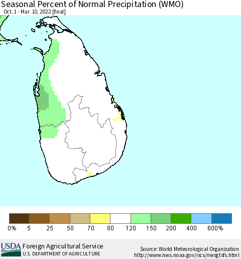 Sri Lanka Seasonal Percent of Normal Precipitation (WMO) Thematic Map For 10/1/2021 - 3/10/2022