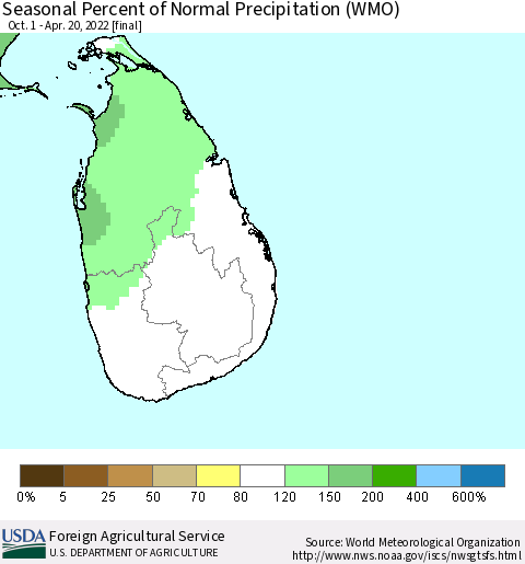 Sri Lanka Seasonal Percent of Normal Precipitation (WMO) Thematic Map For 10/1/2021 - 4/20/2022