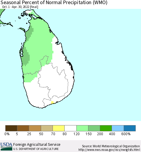 Sri Lanka Seasonal Percent of Normal Precipitation (WMO) Thematic Map For 10/1/2021 - 4/30/2022