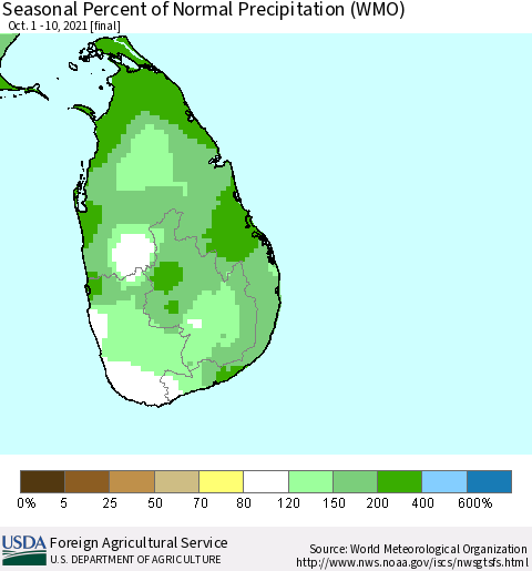 Sri Lanka Seasonal Percent of Normal Precipitation (WMO) Thematic Map For 10/1/2021 - 10/10/2021