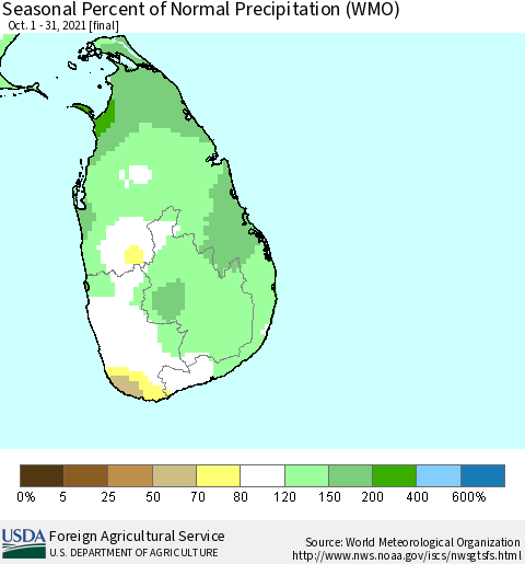 Sri Lanka Seasonal Percent of Normal Precipitation (WMO) Thematic Map For 10/1/2021 - 10/31/2021