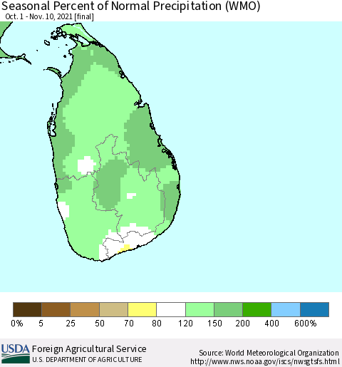 Sri Lanka Seasonal Percent of Normal Precipitation (WMO) Thematic Map For 10/1/2021 - 11/10/2021