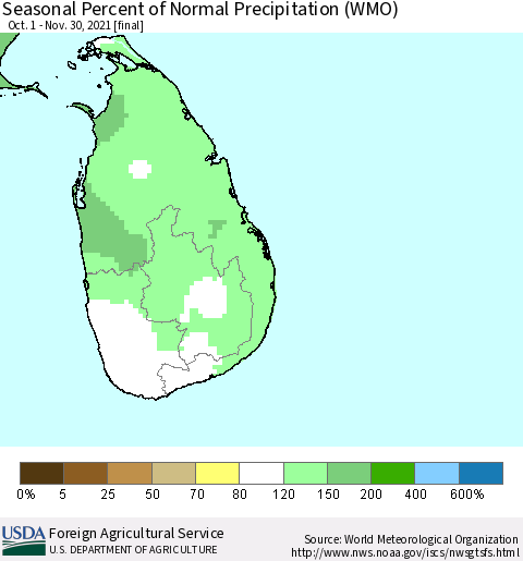 Sri Lanka Seasonal Percent of Normal Precipitation (WMO) Thematic Map For 10/1/2021 - 11/30/2021