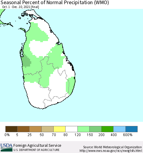 Sri Lanka Seasonal Percent of Normal Precipitation (WMO) Thematic Map For 10/1/2021 - 12/10/2021