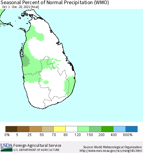 Sri Lanka Seasonal Percent of Normal Precipitation (WMO) Thematic Map For 10/1/2021 - 12/20/2021