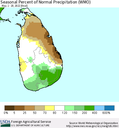 Sri Lanka Seasonal Percent of Normal Precipitation (WMO) Thematic Map For 5/1/2022 - 5/20/2022