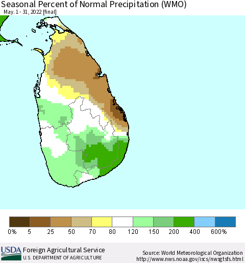 Sri Lanka Seasonal Percent of Normal Precipitation (WMO) Thematic Map For 5/1/2022 - 5/31/2022
