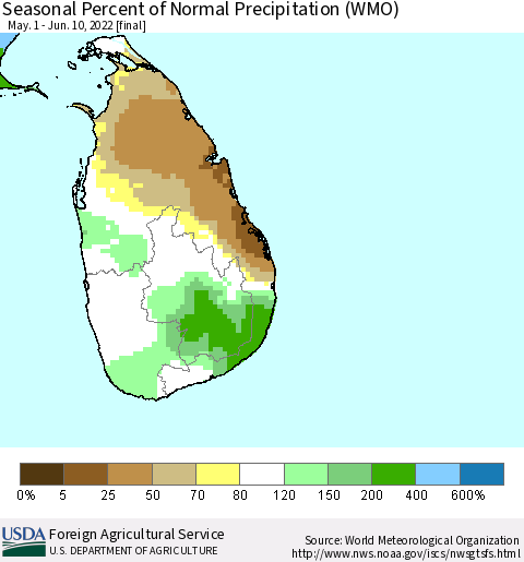 Sri Lanka Seasonal Percent of Normal Precipitation (WMO) Thematic Map For 5/1/2022 - 6/10/2022
