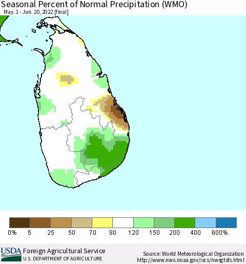 Sri Lanka Seasonal Percent of Normal Precipitation (WMO) Thematic Map For 5/1/2022 - 6/20/2022