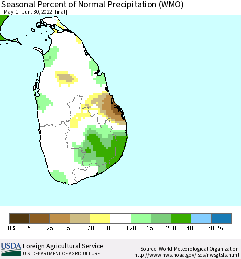 Sri Lanka Seasonal Percent of Normal Precipitation (WMO) Thematic Map For 5/1/2022 - 6/30/2022