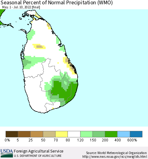 Sri Lanka Seasonal Percent of Normal Precipitation (WMO) Thematic Map For 5/1/2022 - 7/10/2022