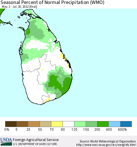 Sri Lanka Seasonal Percent of Normal Precipitation (WMO) Thematic Map For 5/1/2022 - 7/20/2022