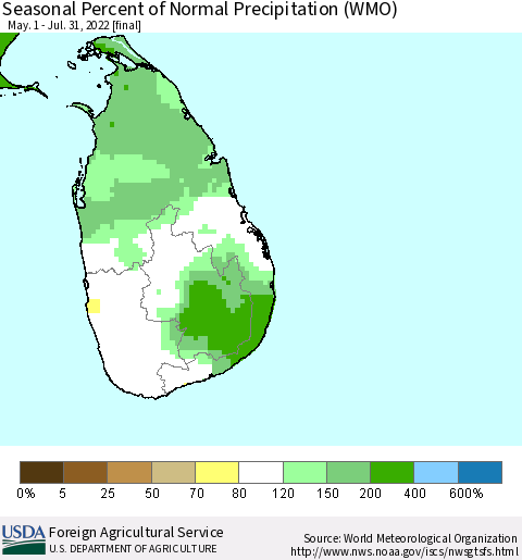 Sri Lanka Seasonal Percent of Normal Precipitation (WMO) Thematic Map For 5/1/2022 - 7/31/2022