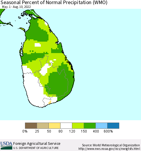 Sri Lanka Seasonal Percent of Normal Precipitation (WMO) Thematic Map For 5/1/2022 - 8/10/2022