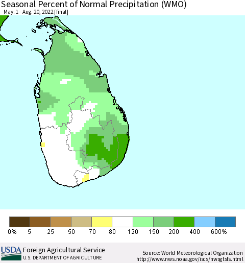 Sri Lanka Seasonal Percent of Normal Precipitation (WMO) Thematic Map For 5/1/2022 - 8/20/2022