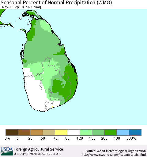 Sri Lanka Seasonal Percent of Normal Precipitation (WMO) Thematic Map For 5/1/2022 - 9/10/2022