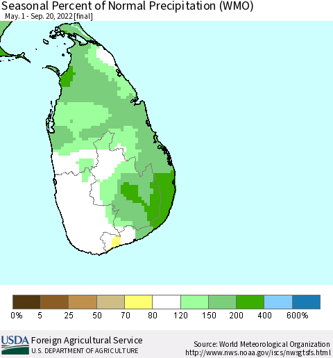Sri Lanka Seasonal Percent of Normal Precipitation (WMO) Thematic Map For 5/1/2022 - 9/20/2022