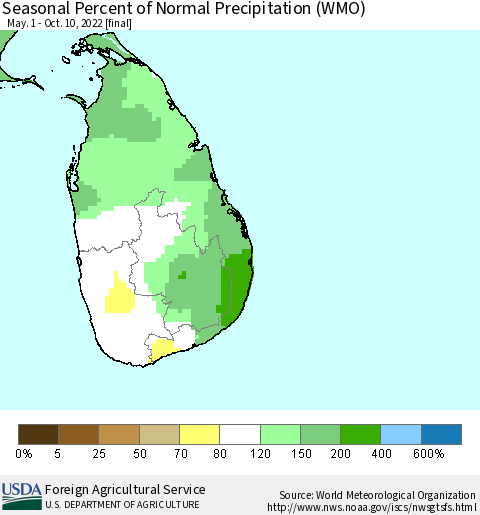 Sri Lanka Seasonal Percent of Normal Precipitation (WMO) Thematic Map For 5/1/2022 - 10/10/2022
