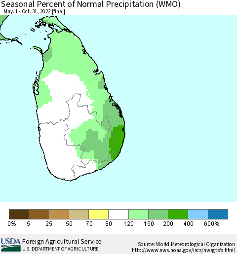Sri Lanka Seasonal Percent of Normal Precipitation (WMO) Thematic Map For 5/1/2022 - 10/31/2022