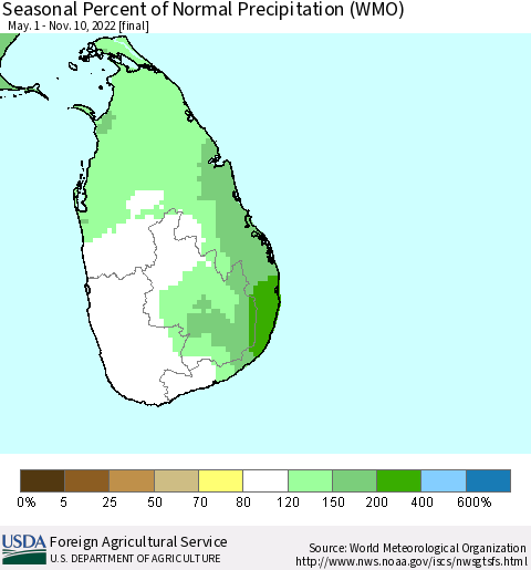 Sri Lanka Seasonal Percent of Normal Precipitation (WMO) Thematic Map For 5/1/2022 - 11/10/2022