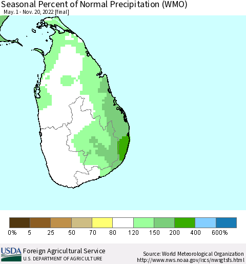 Sri Lanka Seasonal Percent of Normal Precipitation (WMO) Thematic Map For 5/1/2022 - 11/20/2022
